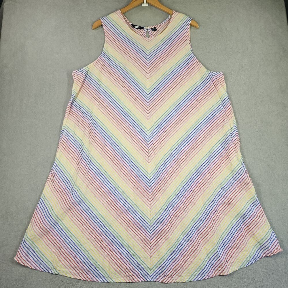 Lands' End Linen Dress Womens Plus 2X Rainbow Stripe Pockets Coastal Colorful